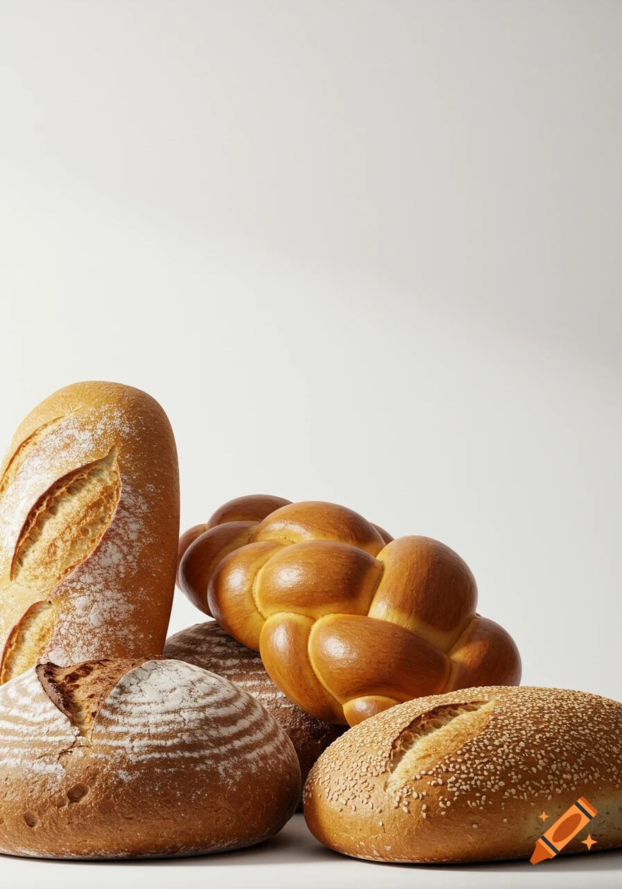 Various types of bread, including a baguette, a braided challah, a round sourdough loaf, and a sesame seed bread, arranged on a white background.