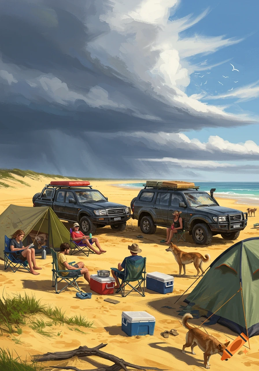 A stylized illustration of people camping on a sandy beach with two dark SUVs, tents, coolers, and two dingoes, under a partly stormy and partly clear sky.