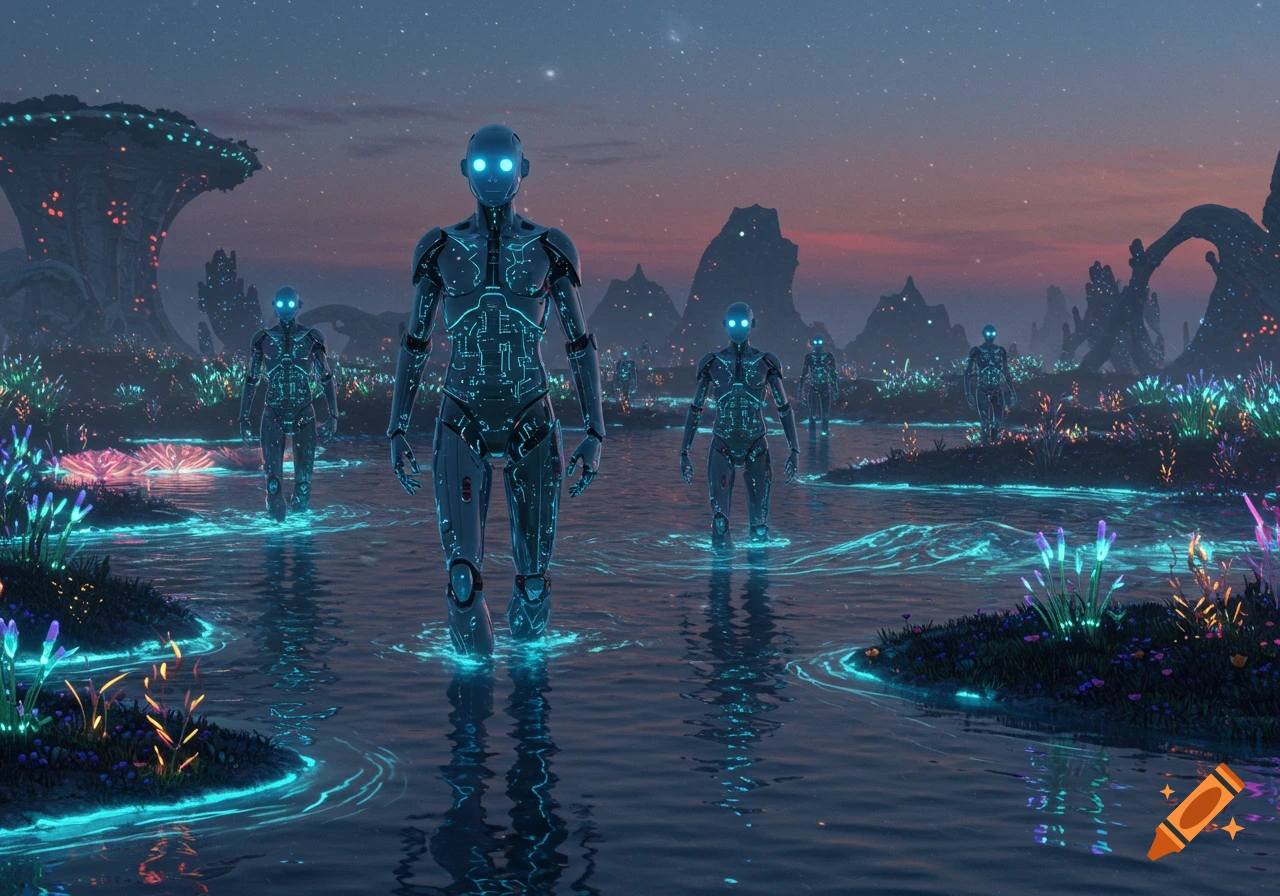 Several glowing humanoid robots wade through luminous water in a vibrant, alien landscape under a starry twilight sky, digital art.