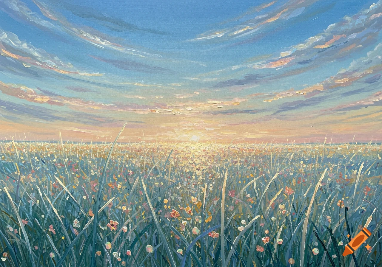 Acrylic painting of a vibrant field of grass and wildflowers under a colorful sunset sky.