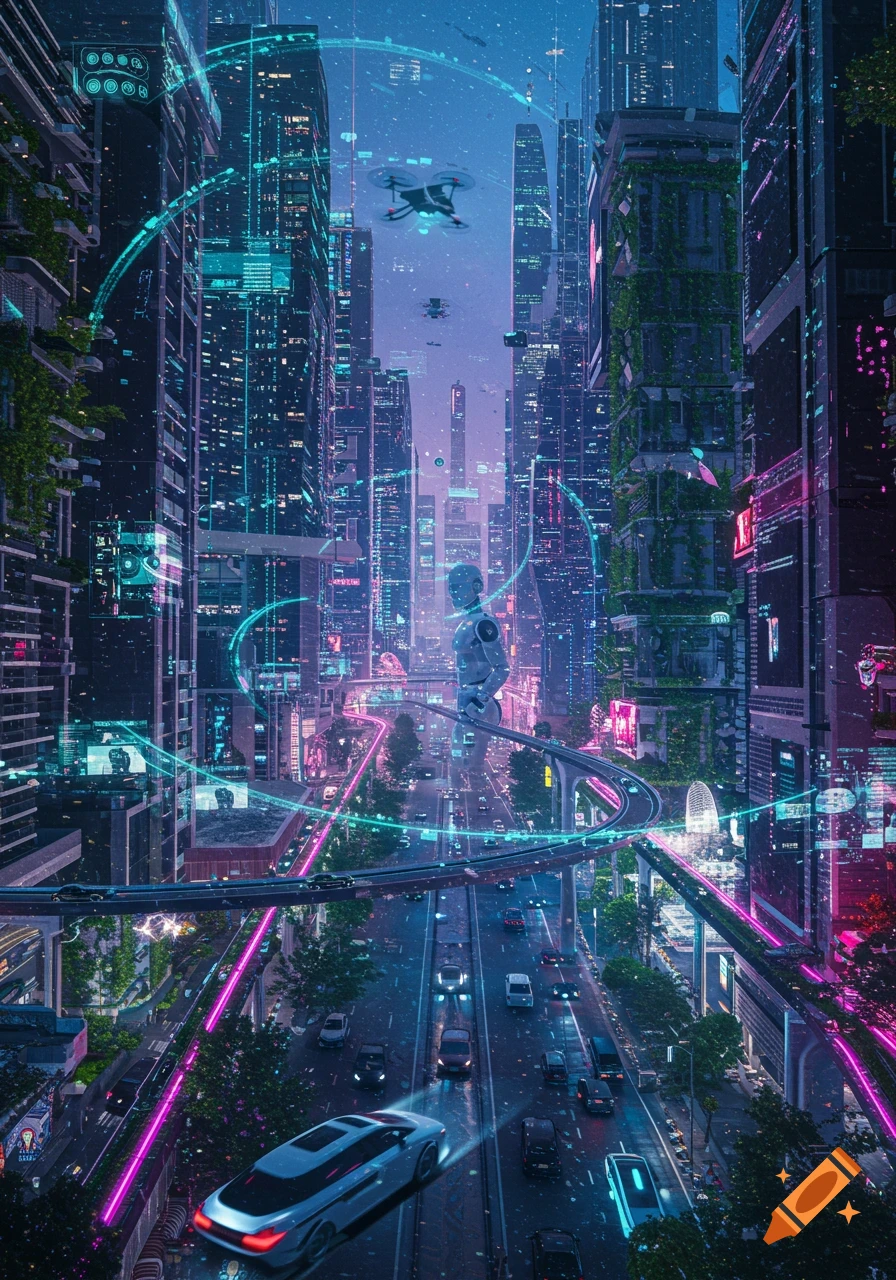 Vibrant futuristic cityscape at night with towering skyscrapers, glowing neon lights, flying vehicles, and an android on a sky bridge.
