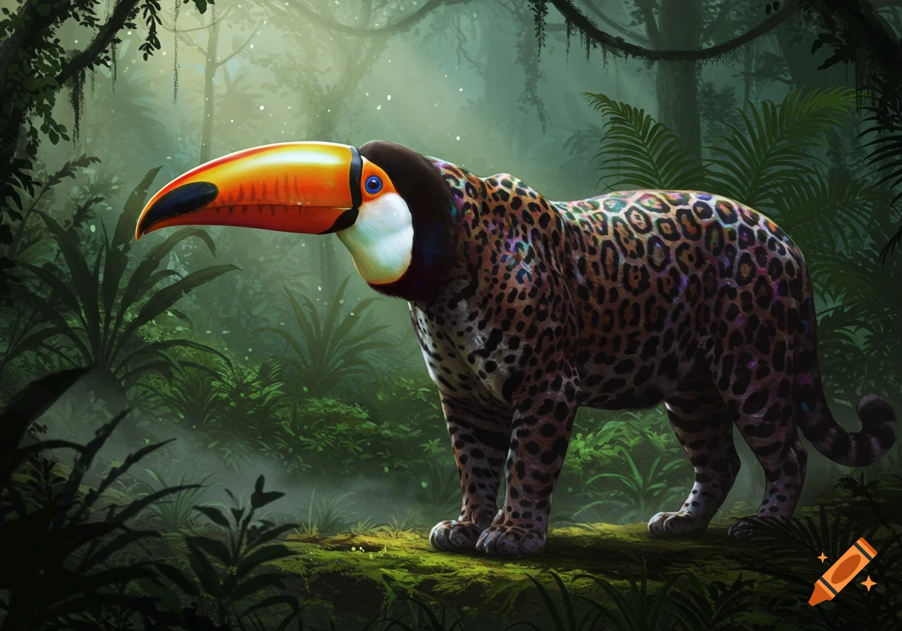 A vibrant hybrid creature with a toucan's head and a jaguar's spotted body stands in a misty, lush green jungle.
