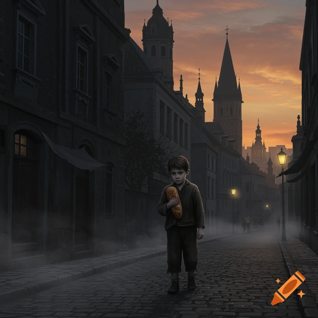 A sad young boy walks down a dark, cobblestone street holding a loaf of bread, with old European buildings and an orange sky at dusk.