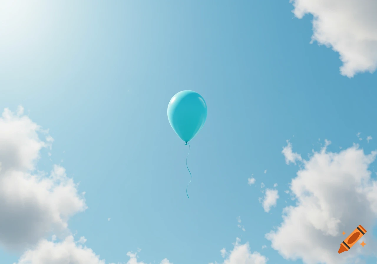 A single turquoise balloon floats in a bright blue sky with white clouds at the edges.