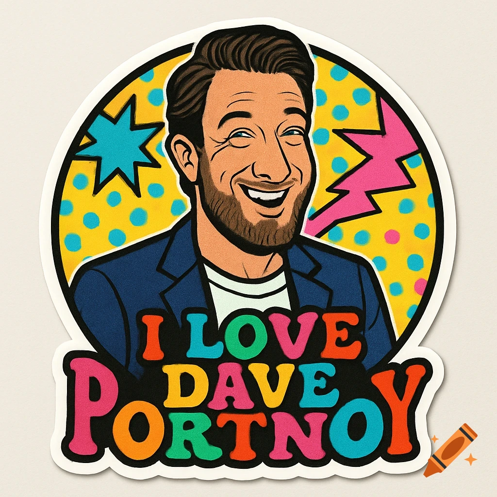 Pop art sticker of a smiling bearded man with text 'I LOVE DAVE PORTNOY' on a yellow polka dot background.