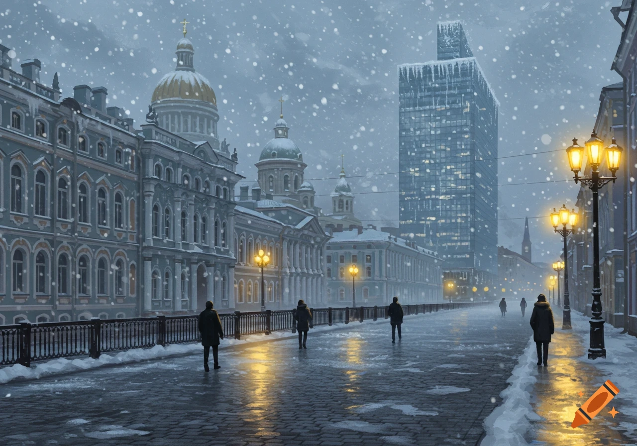 Photorealistic winter cityscape with snow falling, historic buildings, a modern skyscraper, glowing streetlights, and people walking on a wet street.