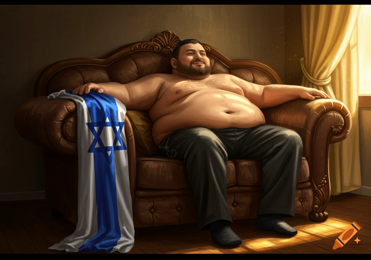 A smiling, shirtless, obese man with a beard lounges on a brown leather couch, an Israeli flag draped over the armrest. Sunlight streams in from a window.