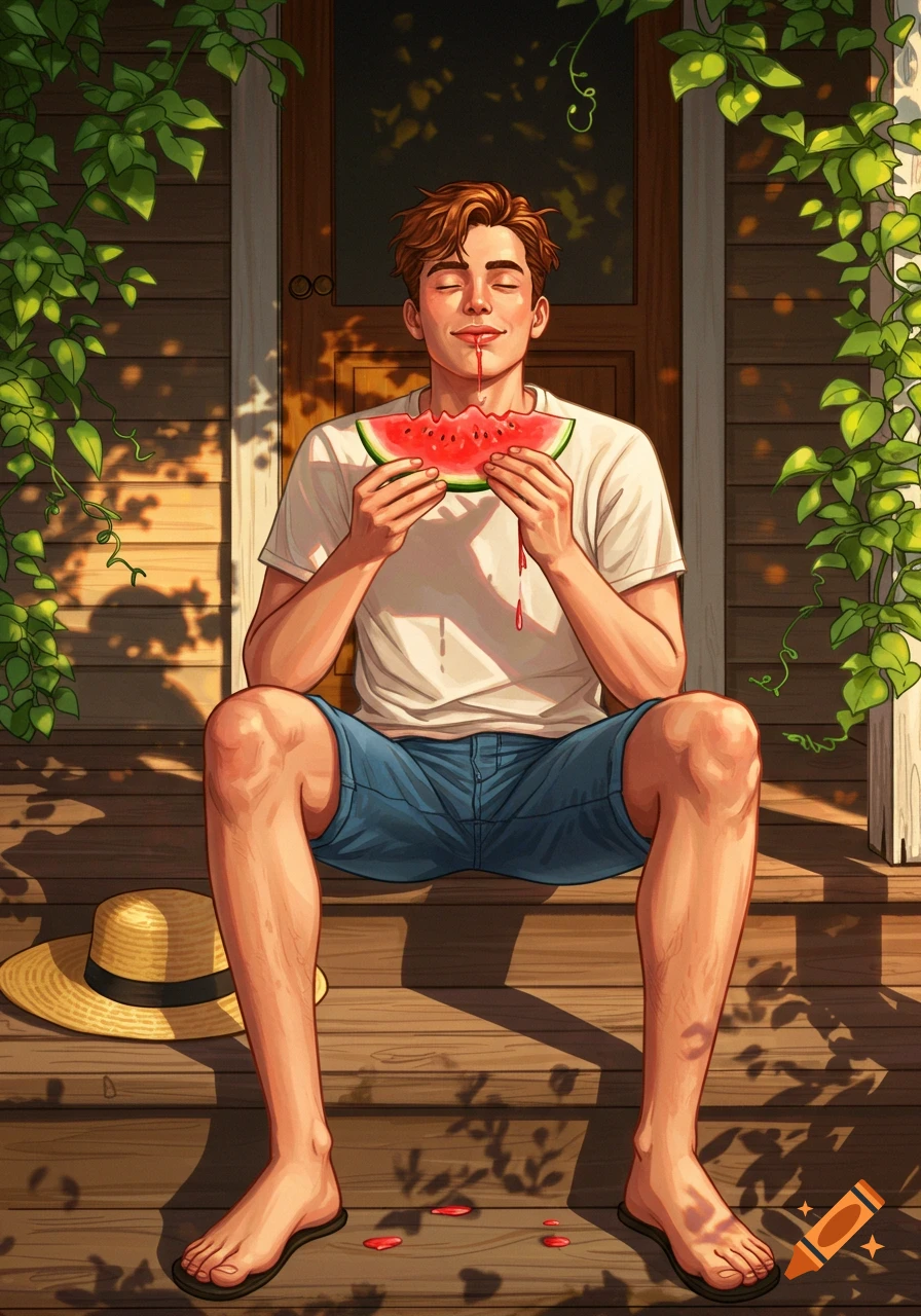 Illustrated young man on a sunny wooden porch, joyfully eating a slice of watermelon with juice dripping, framed by green vines.