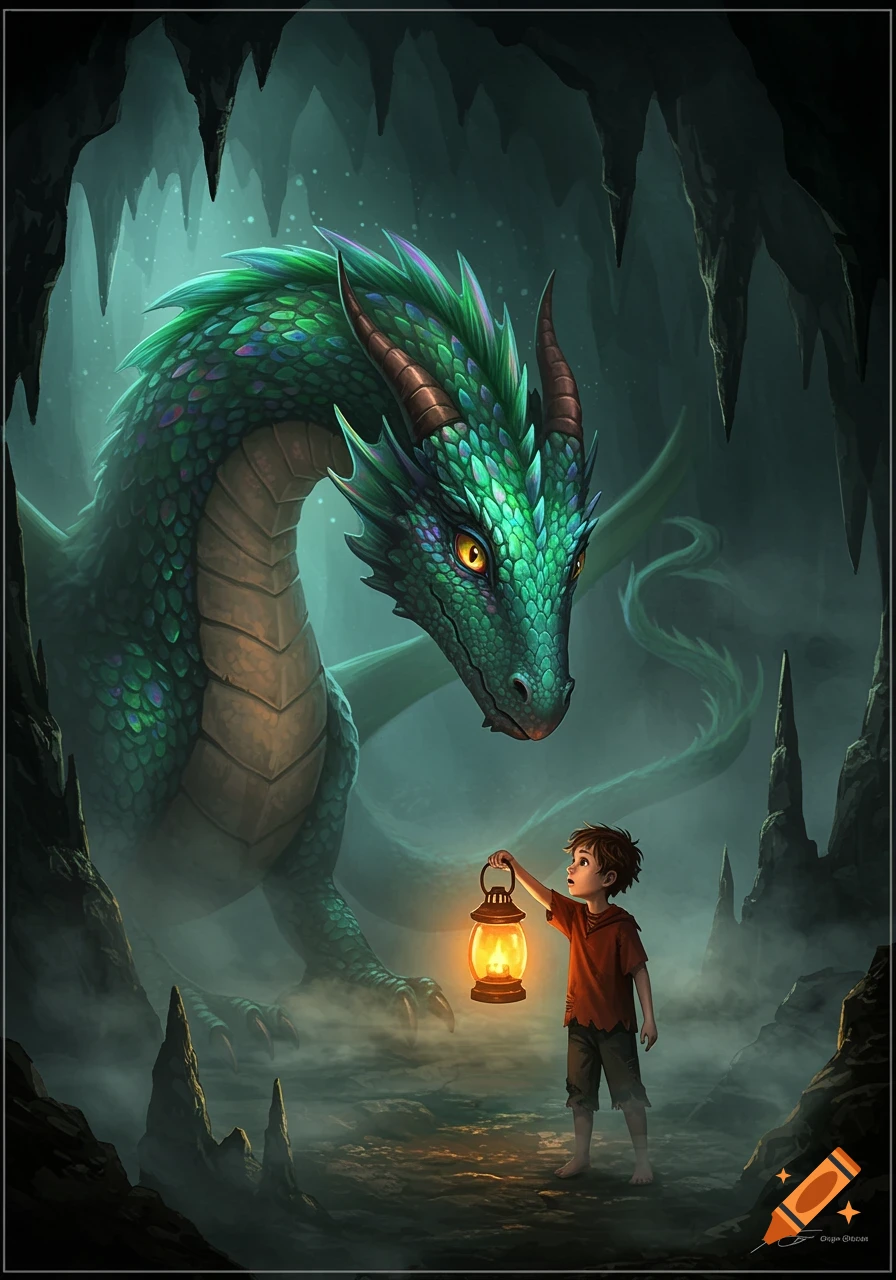 A boy with a lantern looking at a friendly green dragon in a misty cave, fantasy illustration.