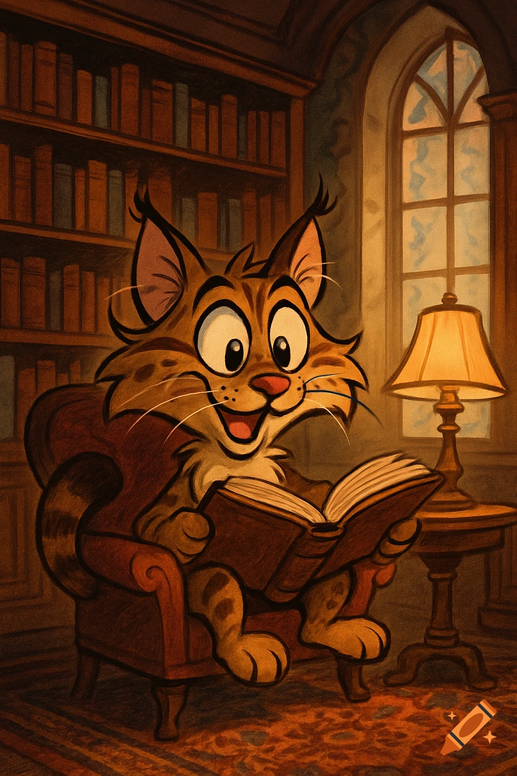 A happy cartoon wildcat sits in an armchair, reading a book in a cozy library with a lamp and window.