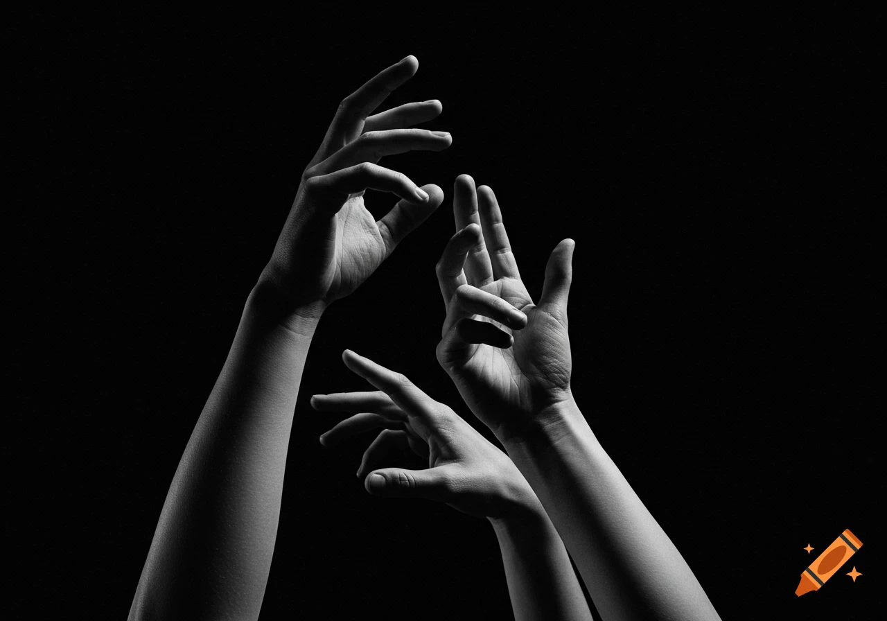 High-contrast black and white photo of three hands and arms reaching upwards from a dark background.