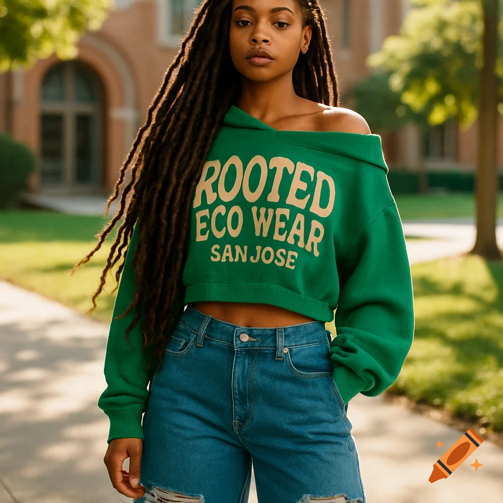 A young woman with dreadlocks wears a green cropped 'ROOTED ECO WEAR SAN JOSE' hoodie and ripped jeans outdoors.