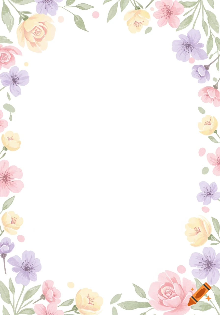 A white background framed by a border of pastel watercolor flowers and leaves in shades of pink, yellow, and purple.
