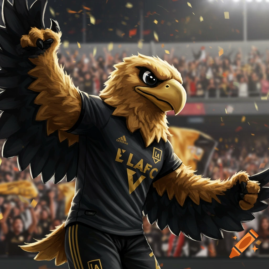 A stylized eagle mascot in a black and gold soccer jersey and shorts cheers in a stadium with golden confetti falling.