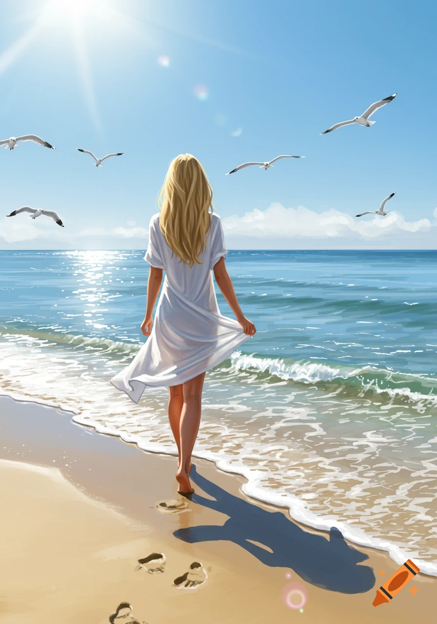 A blonde woman in a white dress walks barefoot on a sunny beach, with seagulls flying over the ocean.