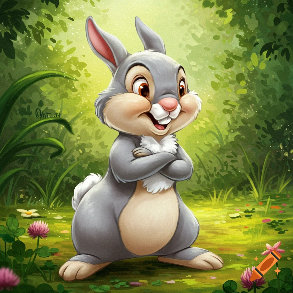 A smiling cartoon gray rabbit, Thumper, stands with arms crossed in a vibrant green forest with pink and white flowers.
