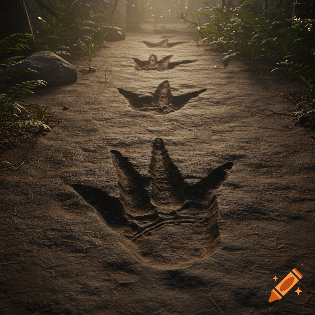 Photorealistic image of large dinosaur footprints in dark mud on a jungle path, with glowing particles in the background.