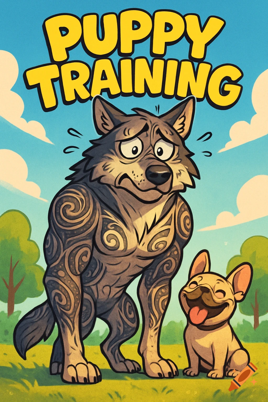 A cartoon of a stressed, tattooed wolf standing next to a happy French bulldog puppy, with 'PUPPY TRAINING' in yellow letters.
