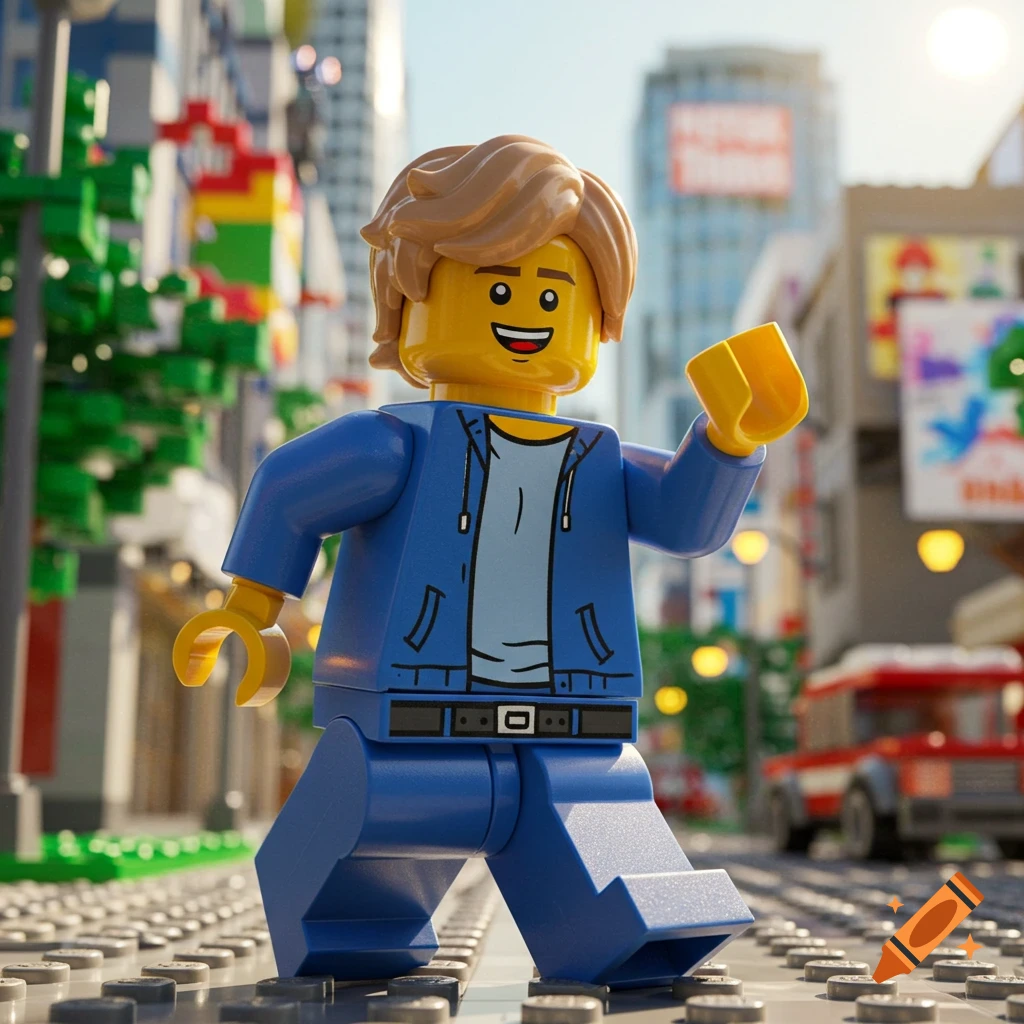 A cheerful LEGO minifigure man with blonde hair and a blue jacket walks down a city street in a realistic 3D render.