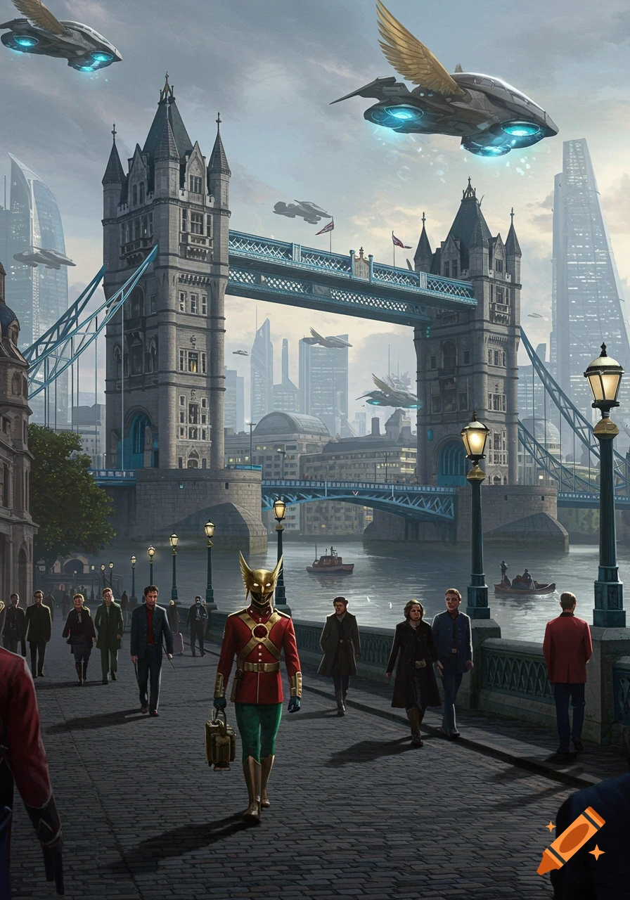 A superhero in a red and green suit with a winged helmet walks on a cobblestone path in a futuristic London, with Tower Bridge and flying vehicles overhead.