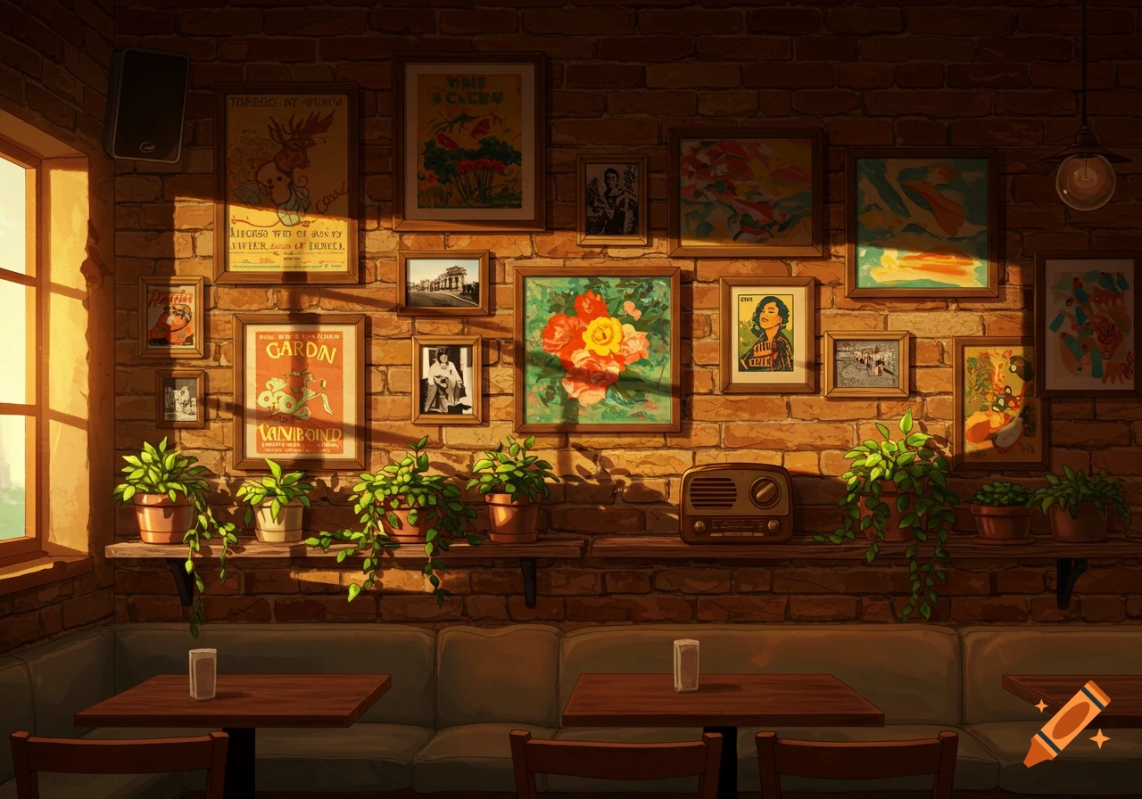 Stylized illustration of a cozy cafe interior with a brick wall adorned with framed art, shelves with potted plants, and warm sunlight.
