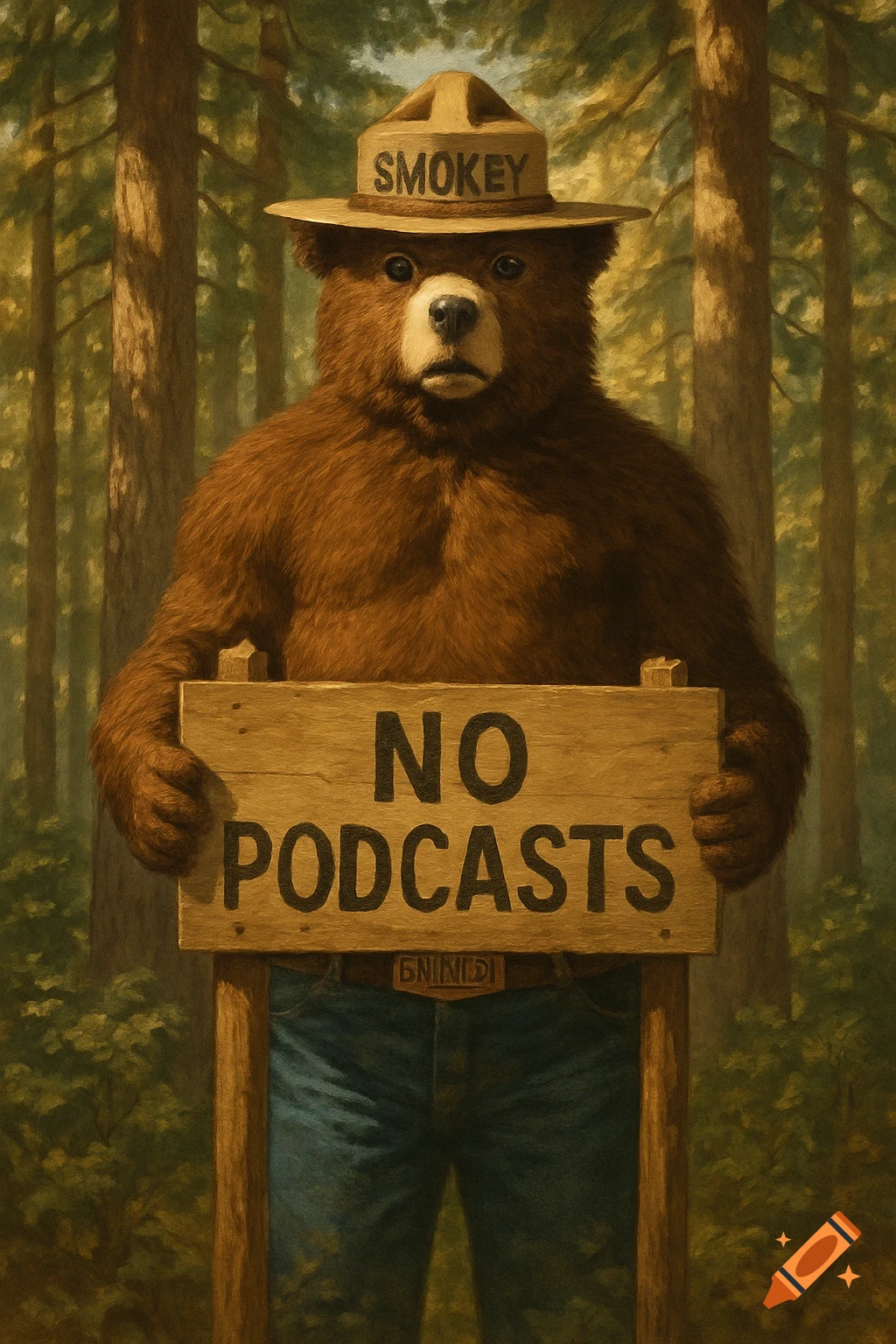 Smokey Bear, wearing a ranger hat and jeans, holds a 'NO PODCASTS' sign in a sunlit forest, painted in a realistic style.