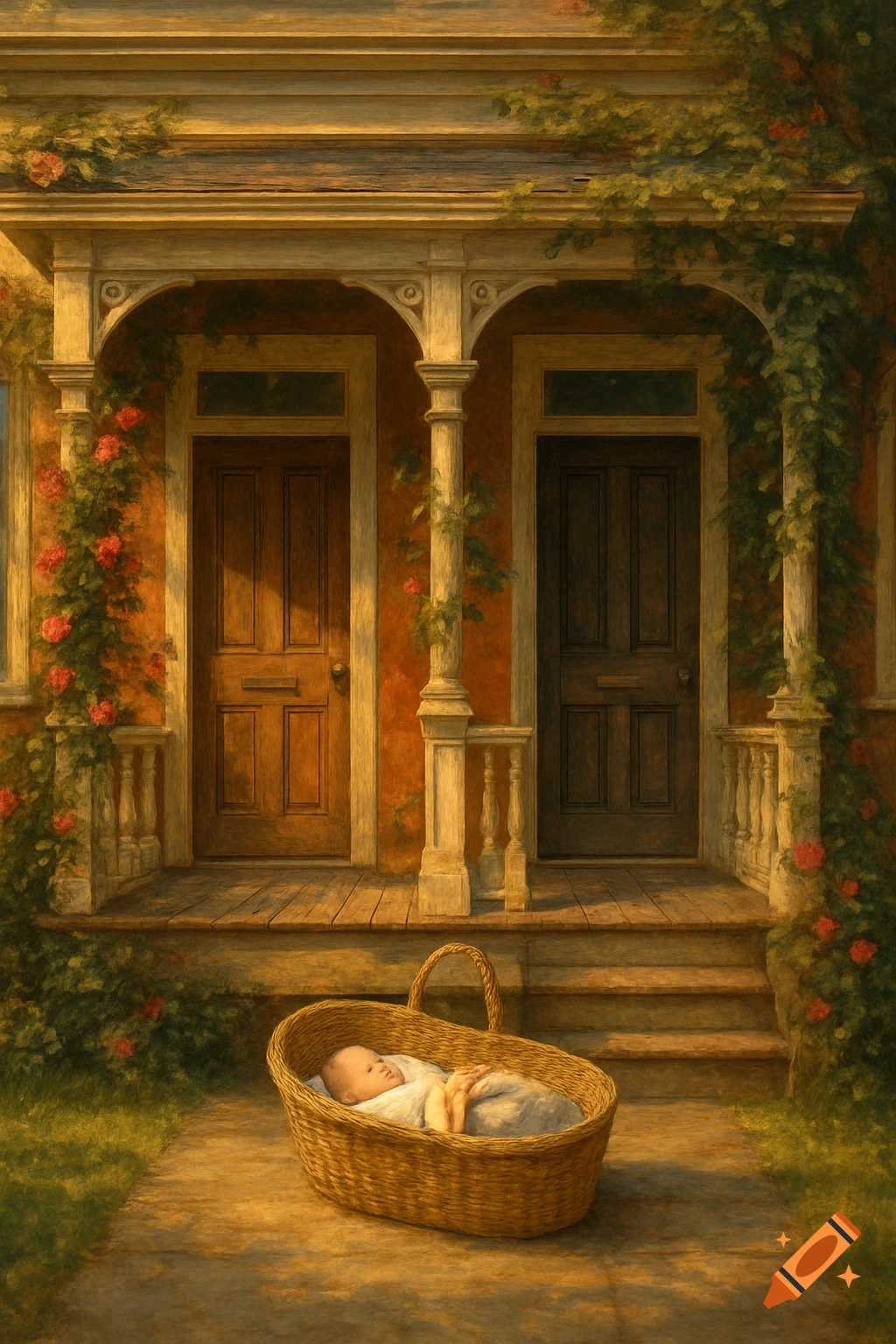 A baby sleeps in a Moses basket on a path in front of a rustic duplex, covered in roses, in a painterly style.