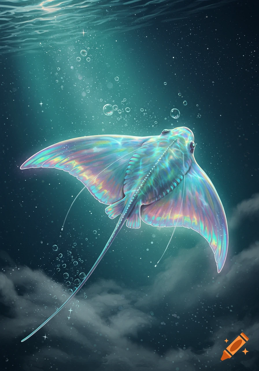 An iridescent, glowing ray-like creature swims in a dark, sparkling underwater world with bubbles and light from the surface.