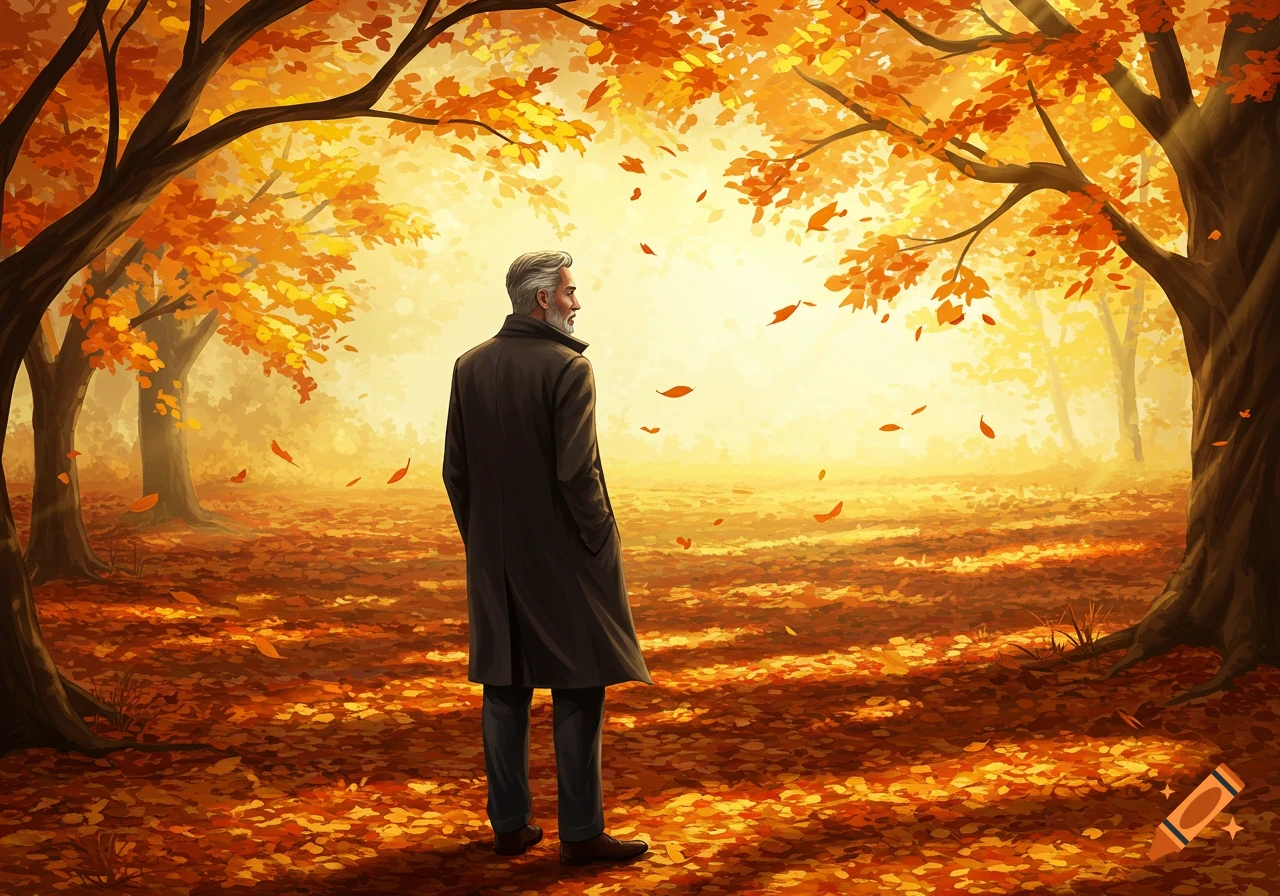 An illustrated man in a dark coat stands in an autumn forest with bright orange and yellow foliage under a golden sky.