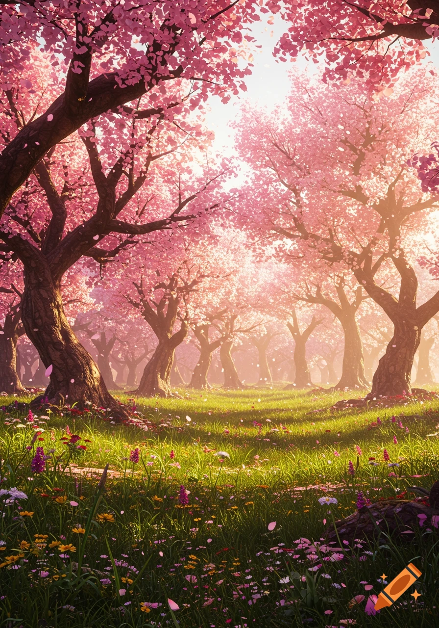 A vibrant cherry blossom forest with pink flowers covering the trees and a sunny clearing of green grass and wildflowers.