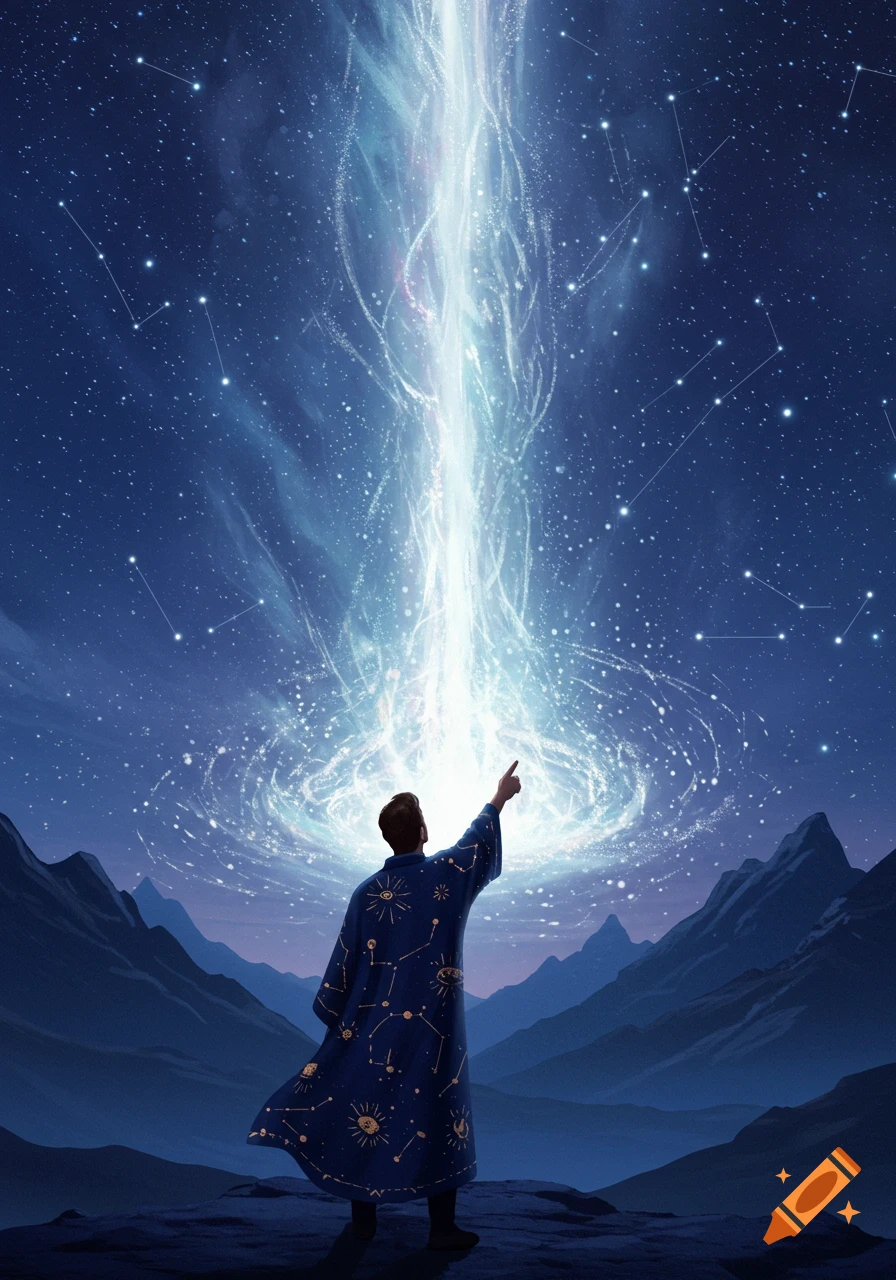 A man in a celestial robe points to a glowing cosmic energy beam erupting from a starry night sky above mountains.