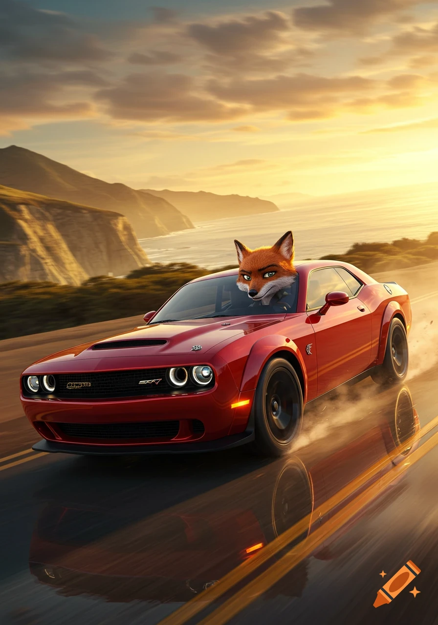 A cartoon fox drives a red Dodge Challenger on a scenic coastal road at sunset, with mountains and ocean in the background.