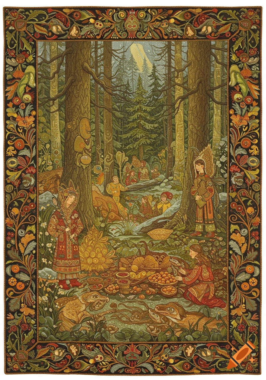 Stylized folk art illustration of a forest gathering with figures, animals, and fantastical plants, within an ornate border.