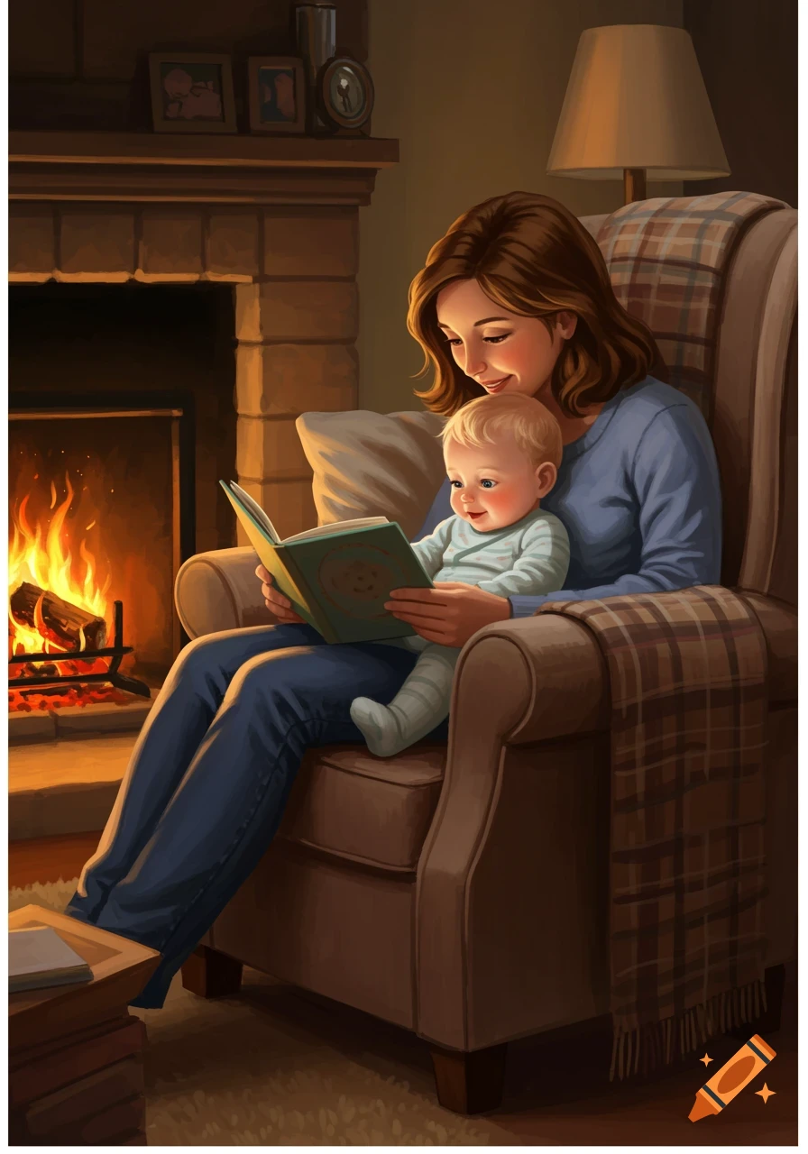 An illustration of a mother smiling while reading a book to her baby, sitting by a warm fireplace.