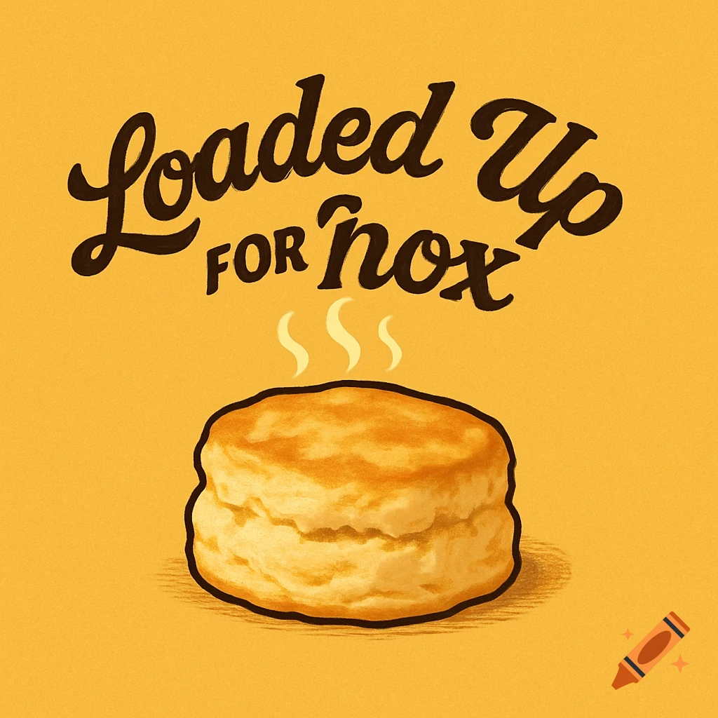 An illustration of a fluffy, golden biscuit with steam rising, on a honey-colored background. Text above reads 'Loaded Up FOR Knox'.