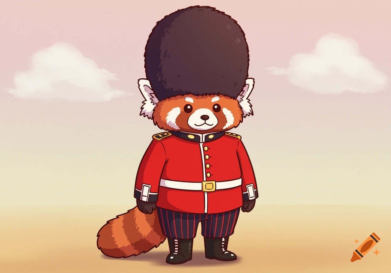 A cute cartoon red panda wearing a Queen's Guard uniform and a tall black bearskin hat, standing proudly.