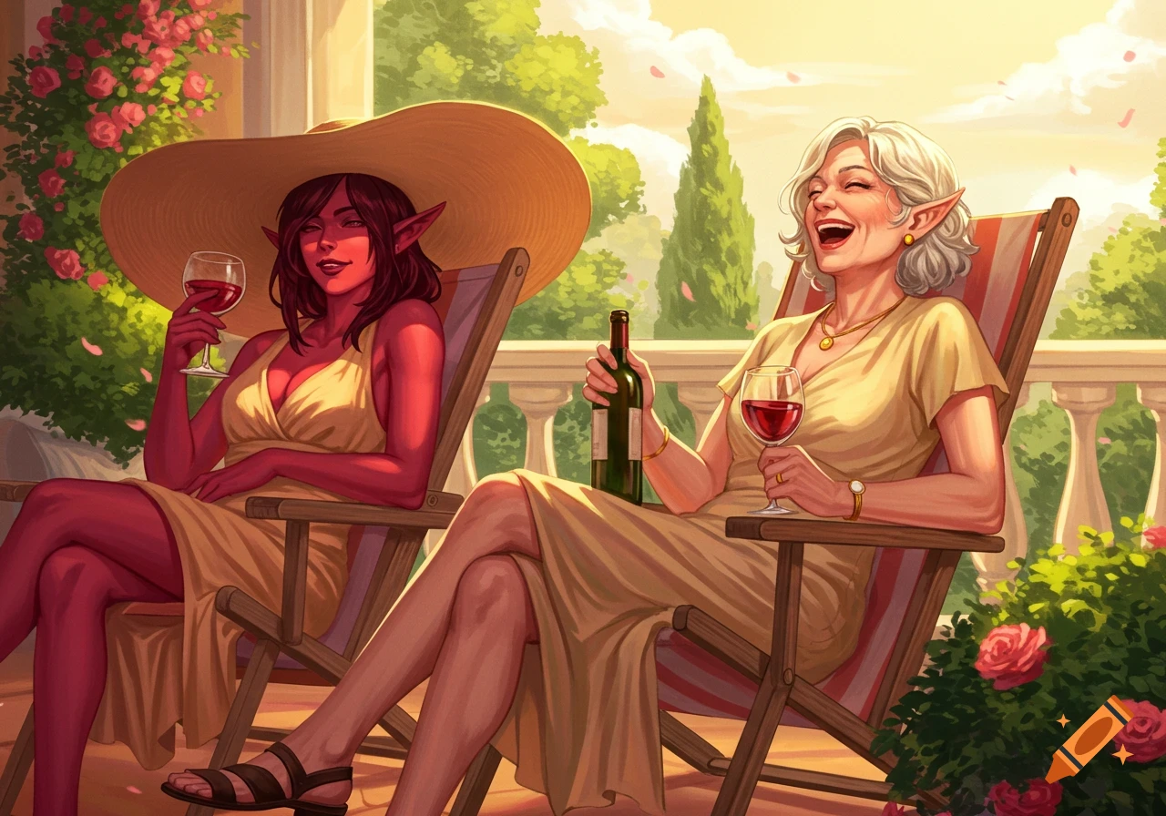 A red-skinned elf and a white-haired woman laugh and drink wine on a sunny balcony. Fantasy illustration.