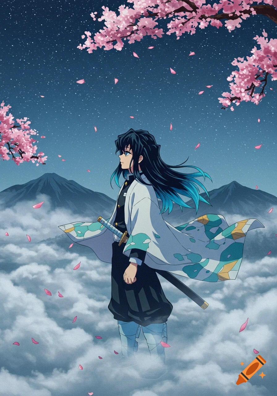 Anime illustration of Muichiro Tokito standing among clouds with mountains and cherry blossoms under a starry sky.