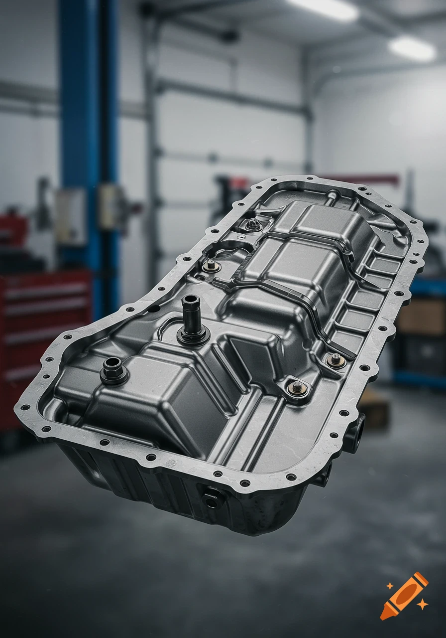 A photorealistic image of a metallic automobile transmission fluid pan floating in a blurred garage.