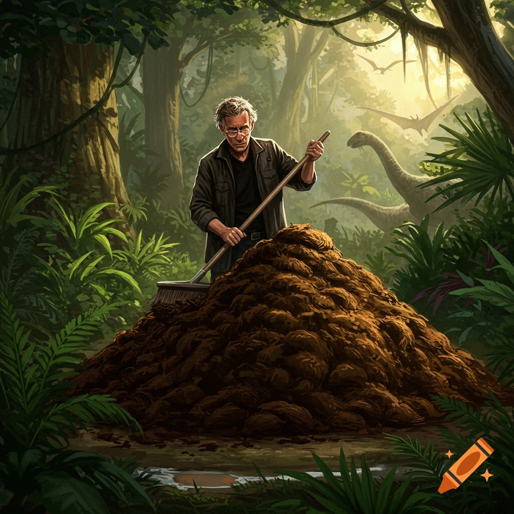 Dr. Ian Malcolm raking a huge pile of dinosaur manure in a prehistoric jungle, with brachiosaurus and pterodactyls in the background. Illustration.