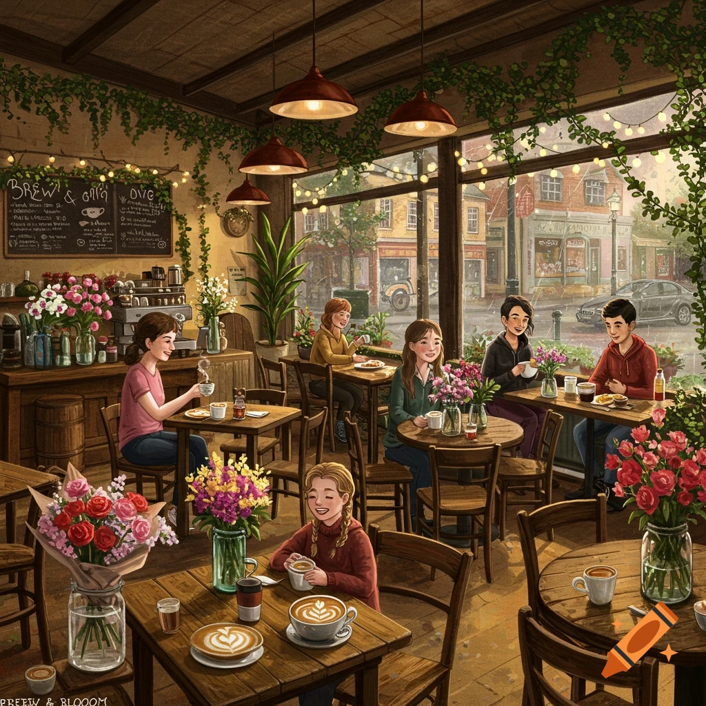 An illustration of a cozy cafe, 'Brew & Bloom,' with people, flowers, and coffee, looking out onto a rainy street.