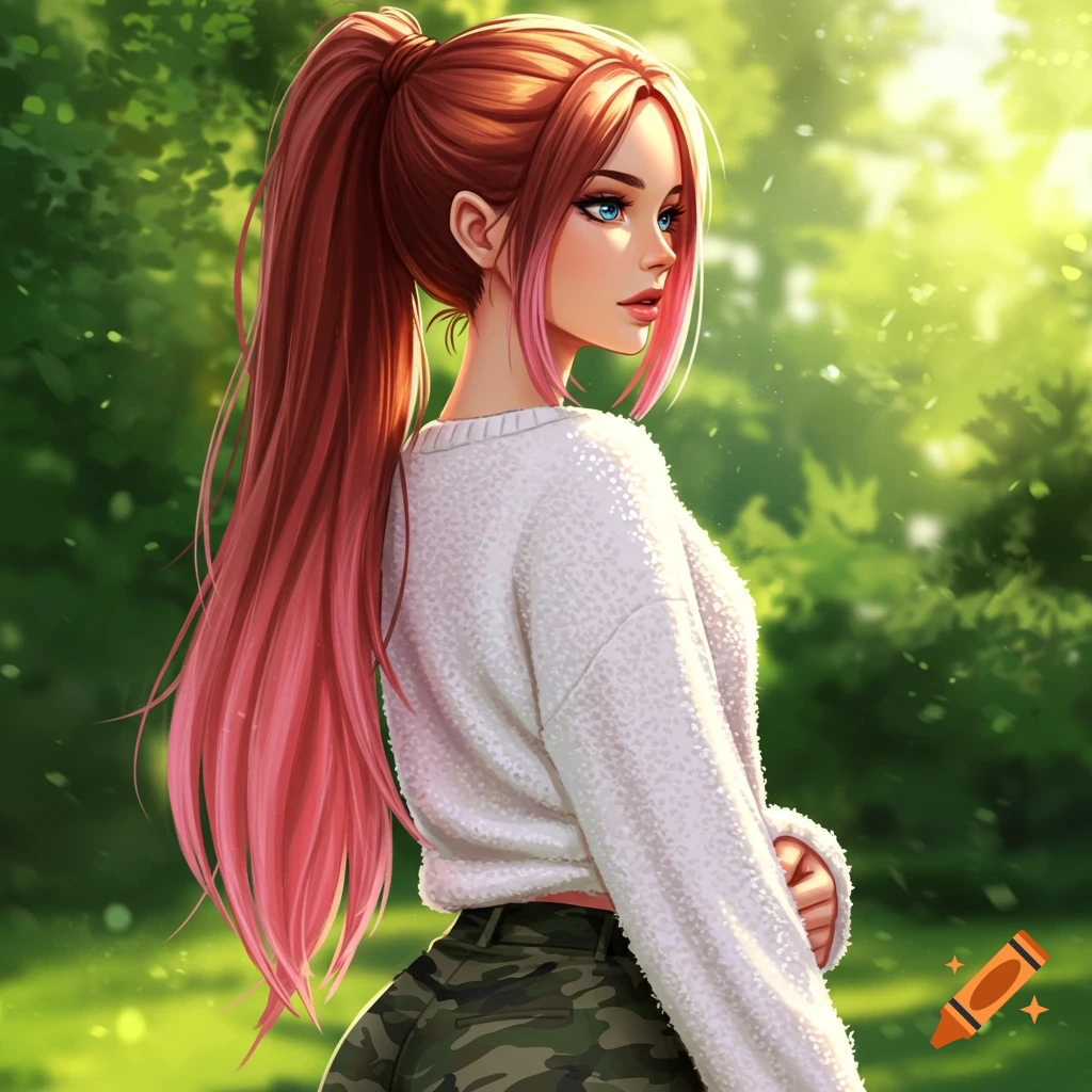 Stylized illustration of a woman with a long brown and pink ponytail, blue eyes, wearing a white sweater and camo shorts, in a sunny green park.