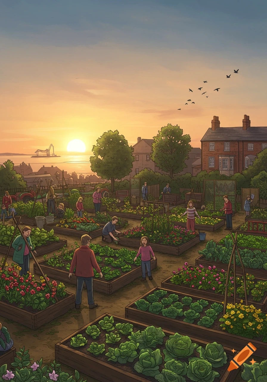 Vibrant illustration of a community garden at sunset, with many people tending plants in raised beds. Houses and water are in the background.