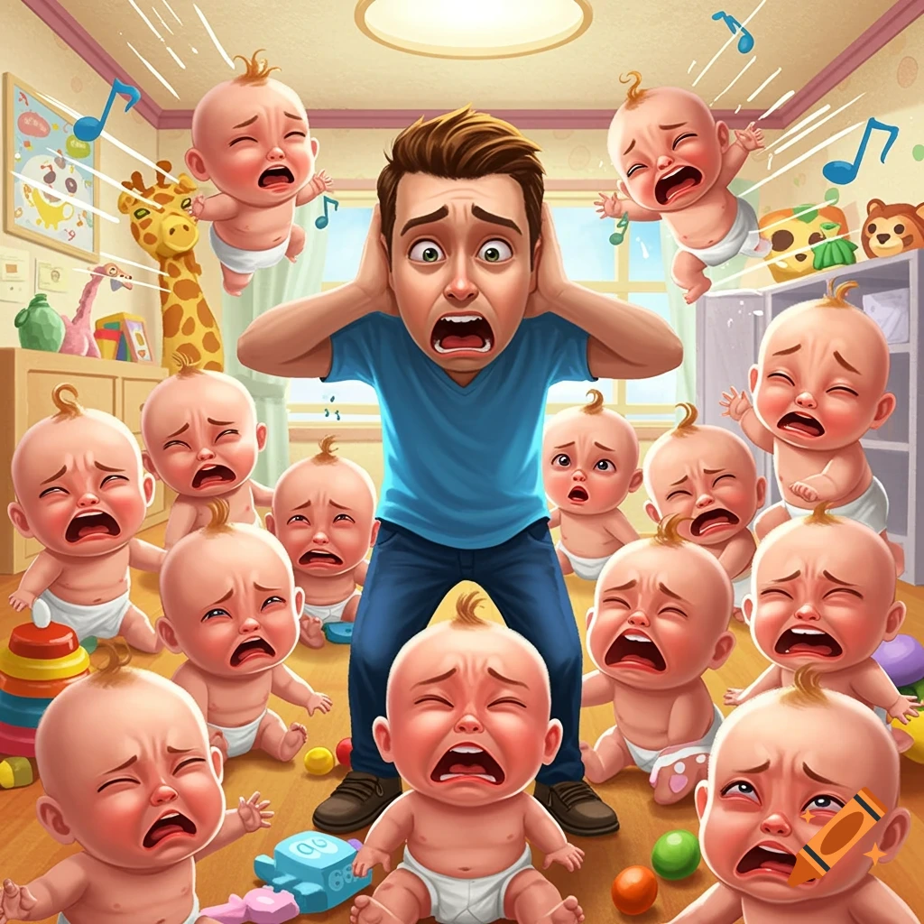 A cartoon man in a nursery frantically covers his ears, overwhelmed by a room full of crying babies.