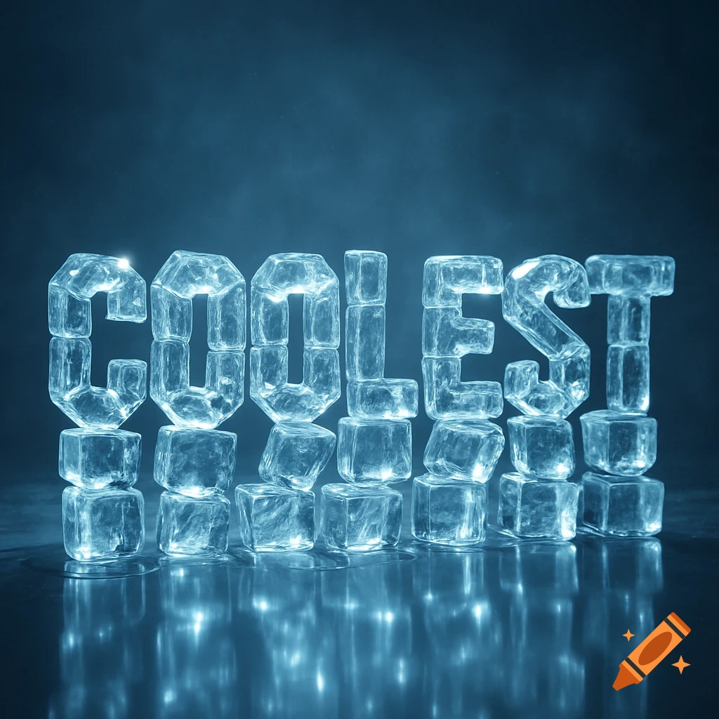 The word COOLEST spelled out with blue glowing ice cubes stacked on a reflective surface against a dark background.