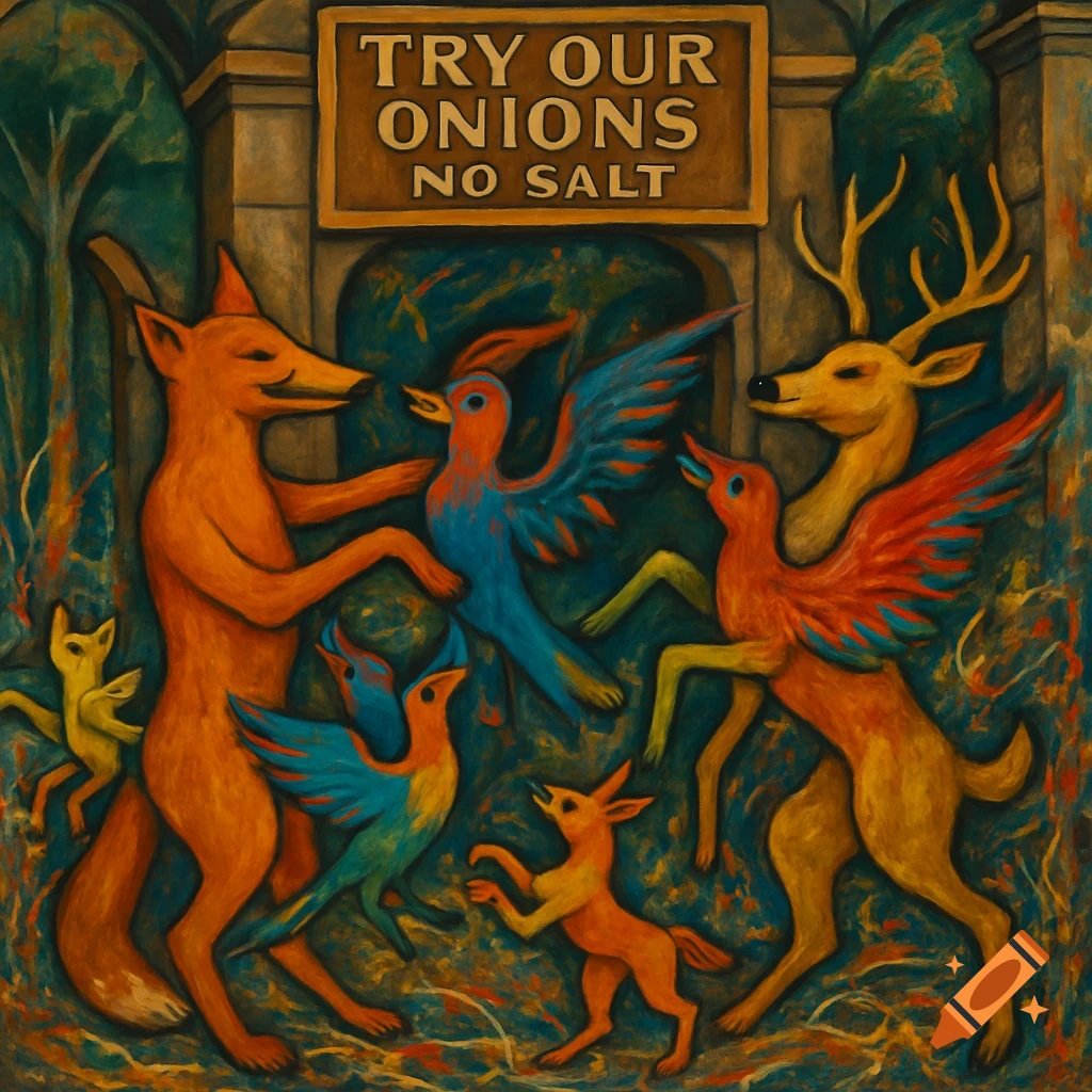 Vibrant, surreal painting of anthropomorphic fox, deer, and birds dancing in a forest, with a sign 'TRY OUR ONIONS NO SALT'.
