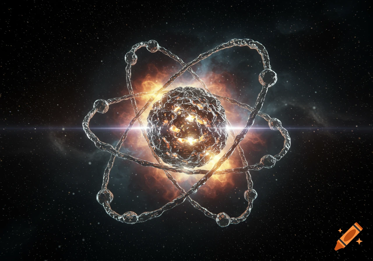 Abstract digital rendering of a glowing, complex atom with orbiting electrons against a star-filled space background.