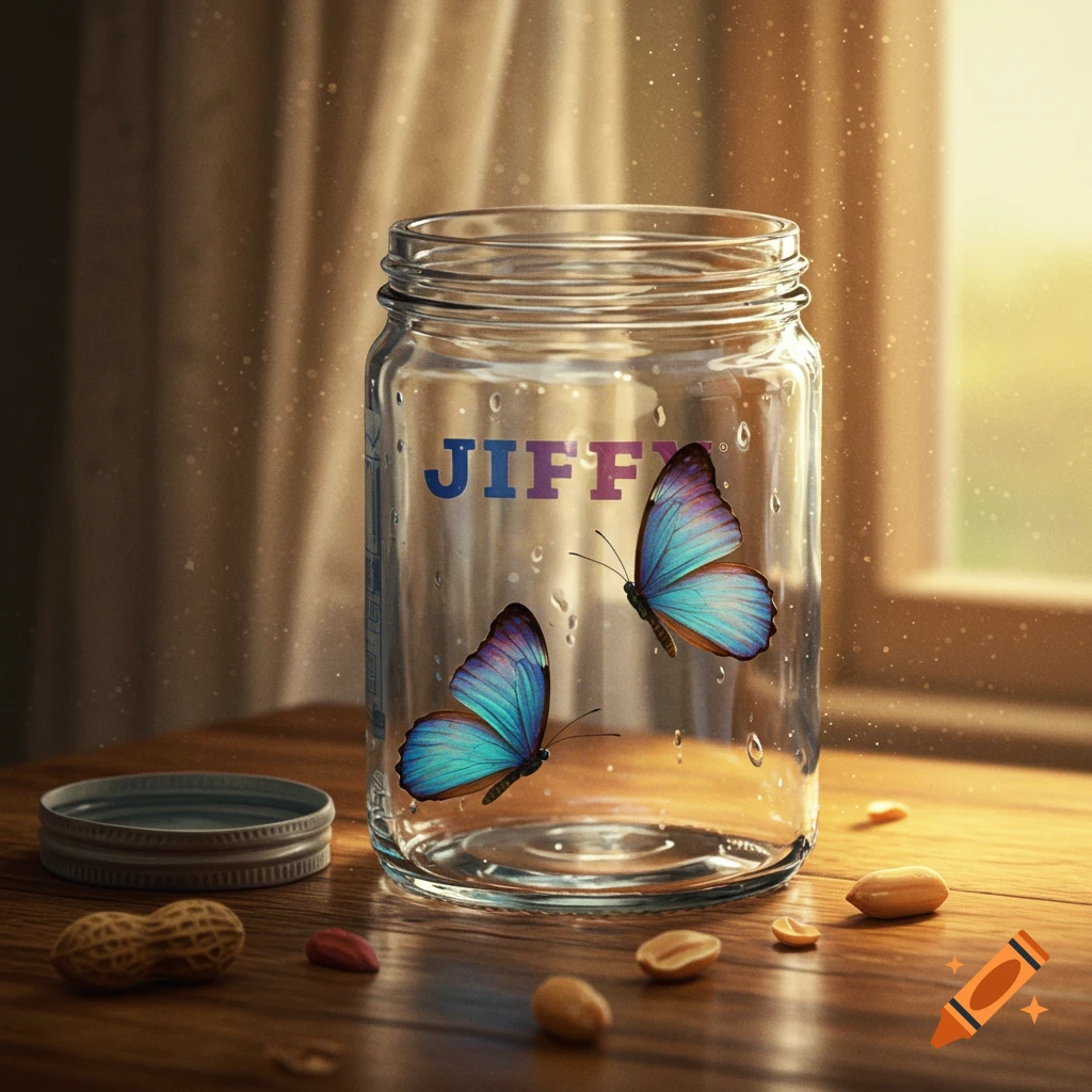 Two blue butterflies flutter inside a "JIFFY" glass jar on a wooden table with peanuts and a lid, illuminated by sunlight.