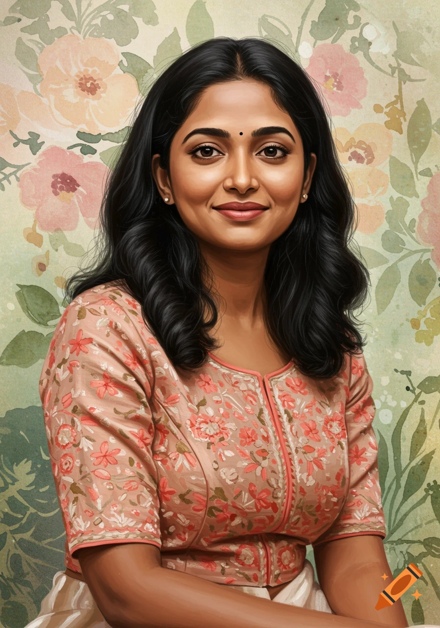 Smiling South Asian woman with dark hair and a bindi, wearing a pink floral blouse, against a floral background.