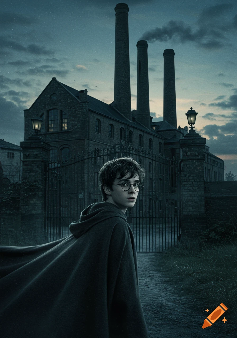 A young boy, resembling Harry Potter, in a dark cape looks over his shoulder at a gothic factory with three tall smokestacks under a cloudy sky.